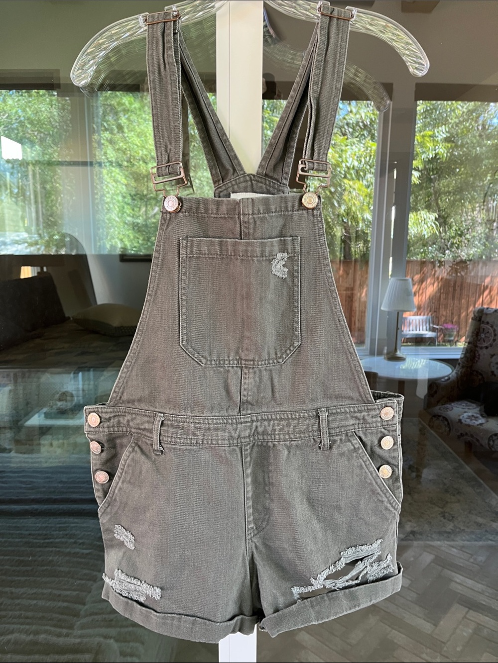 Forever 21 Overalls Sz 29 Green Denim Shorts Distressed Cuffed Bottoms